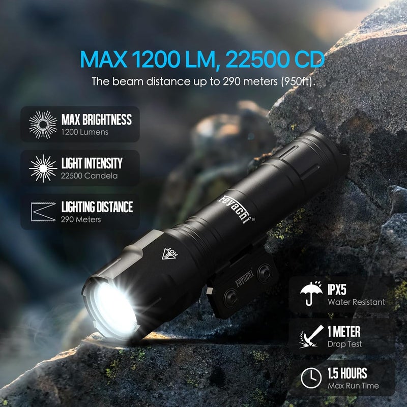 Feyachi مصباح بندقية 1200LM 22500 كانديلا WL25 مصباح تكتيكي LED خارجي مع مفتاح ضغط وتركيب سكة بيكاتيني، 3 أوضاع - عالي/منخفض/وميض (Mlok-أسود) - Image 2